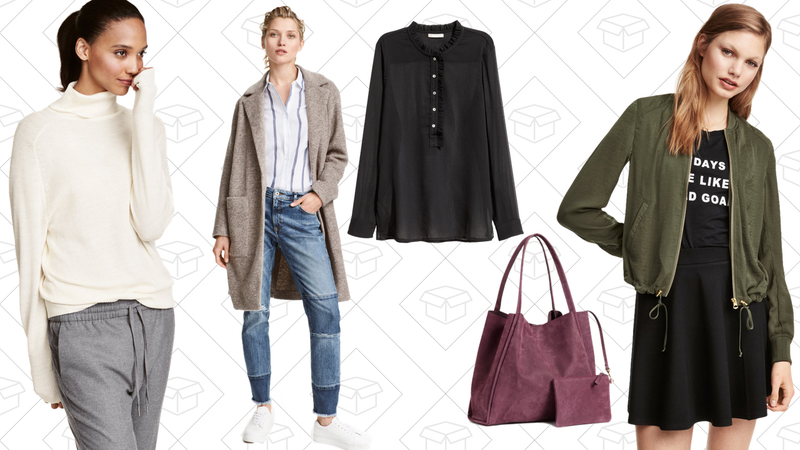 Ribbed Turtleneck Sweater, $15 | Wool-blend Coat, $60 | Conscious Chiffon Blouse, $10 | Nubuck Shopper, $70 | Bomber Jacket, $25